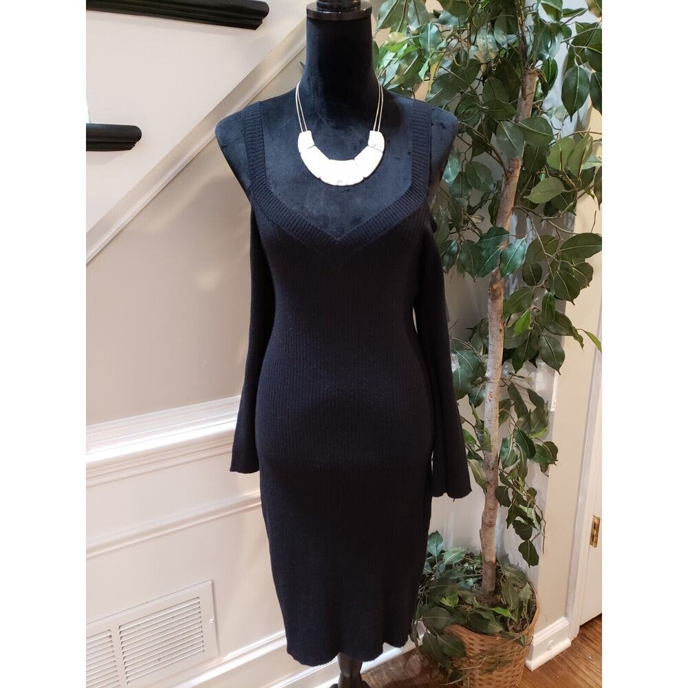 Talent Womens Black Ribbed Scoop Neck Cold Shoulder Sleeve Knit Sweater Dress L